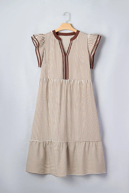 Black Stripe Plus Size Slit V Neck Tiered Flutter Sleeve Maxi Dress Nataliz