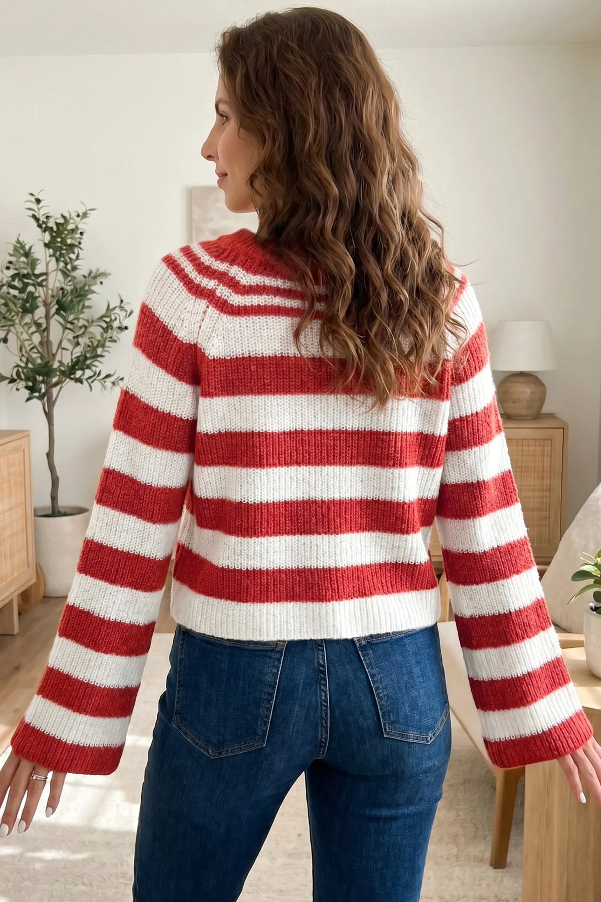 Red Stripe Striped Colorblock V Neck Long Sleeve Shift Sweater model back view · nz-alt-v1