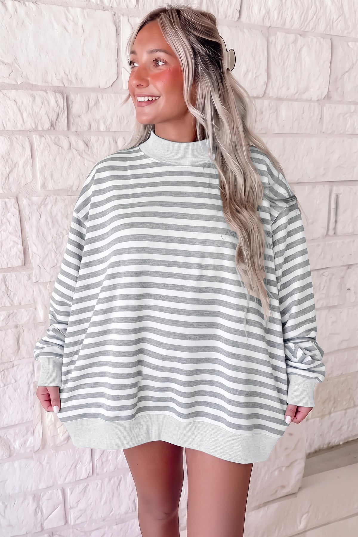 Gray Stripe Cozy Mock Neck Oversized Tunic Sweatshirt