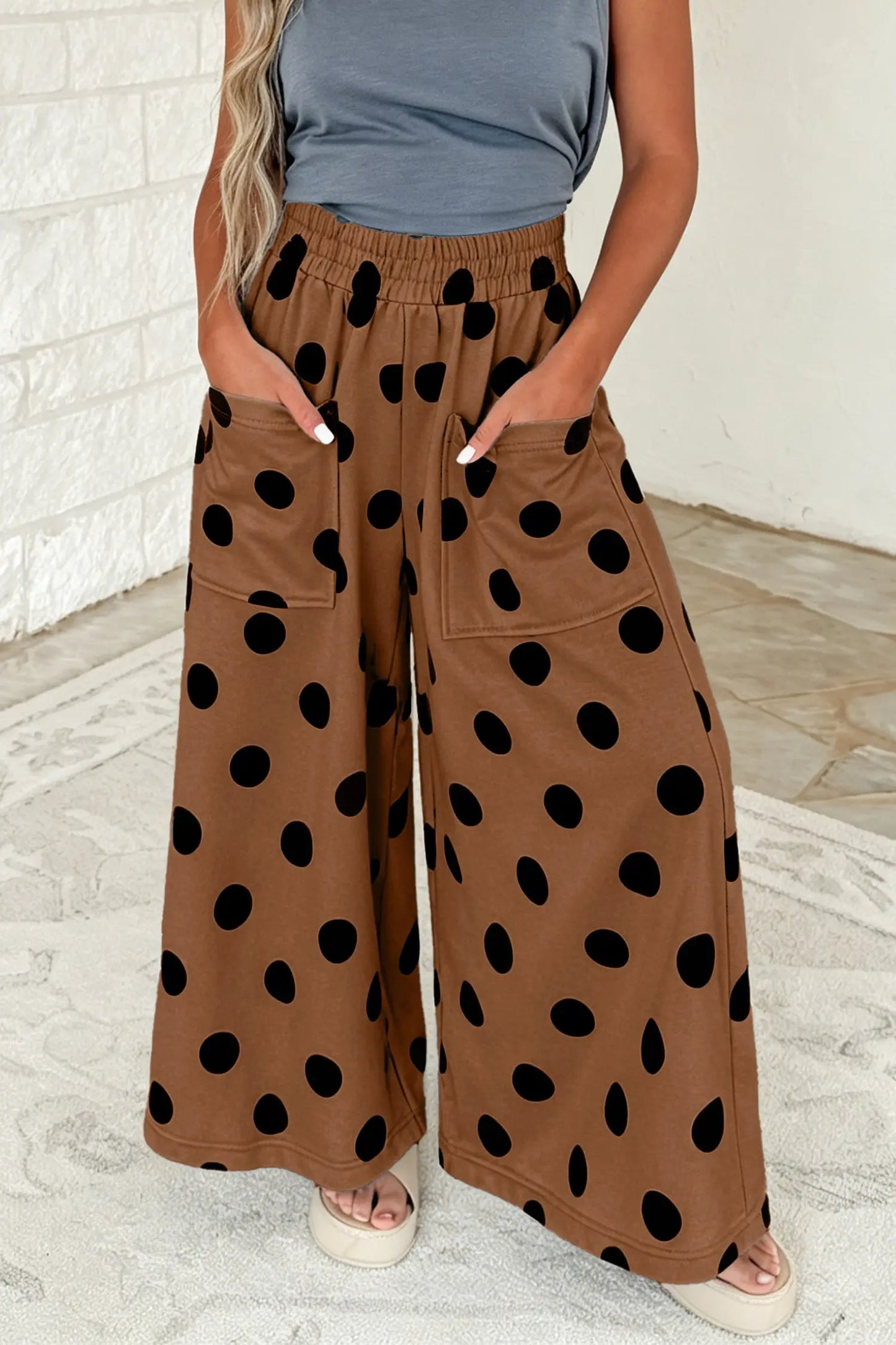 Brown Polka Dot Wide Leg Elastic Waist Casual Pants