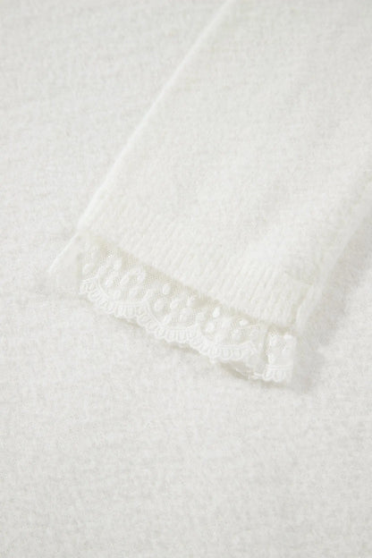 White Lace Trim Neck Cuff Patchwork Long Sleeve Pullover Sweater