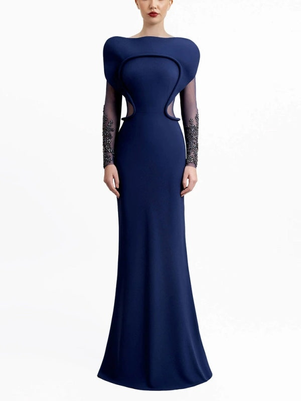 Navy Beaded Sheer-Sleeve Column Gown model front view