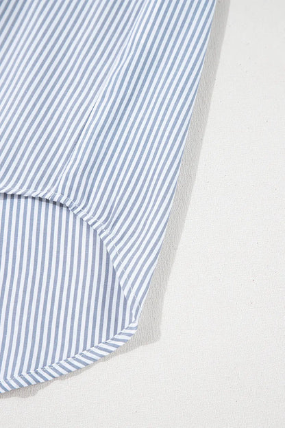 Gray Pinstripe Long Sleeve Smocked Cuffs Button Shirt Collar Blouse