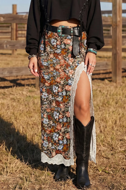 Khaki Cheetah Print Trim Split Long Western Skirt
