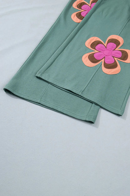 Grapefruit Orange Color Block Flower Patchwork Drawstring Contrasted Elastic Waist Wide Leg Pants