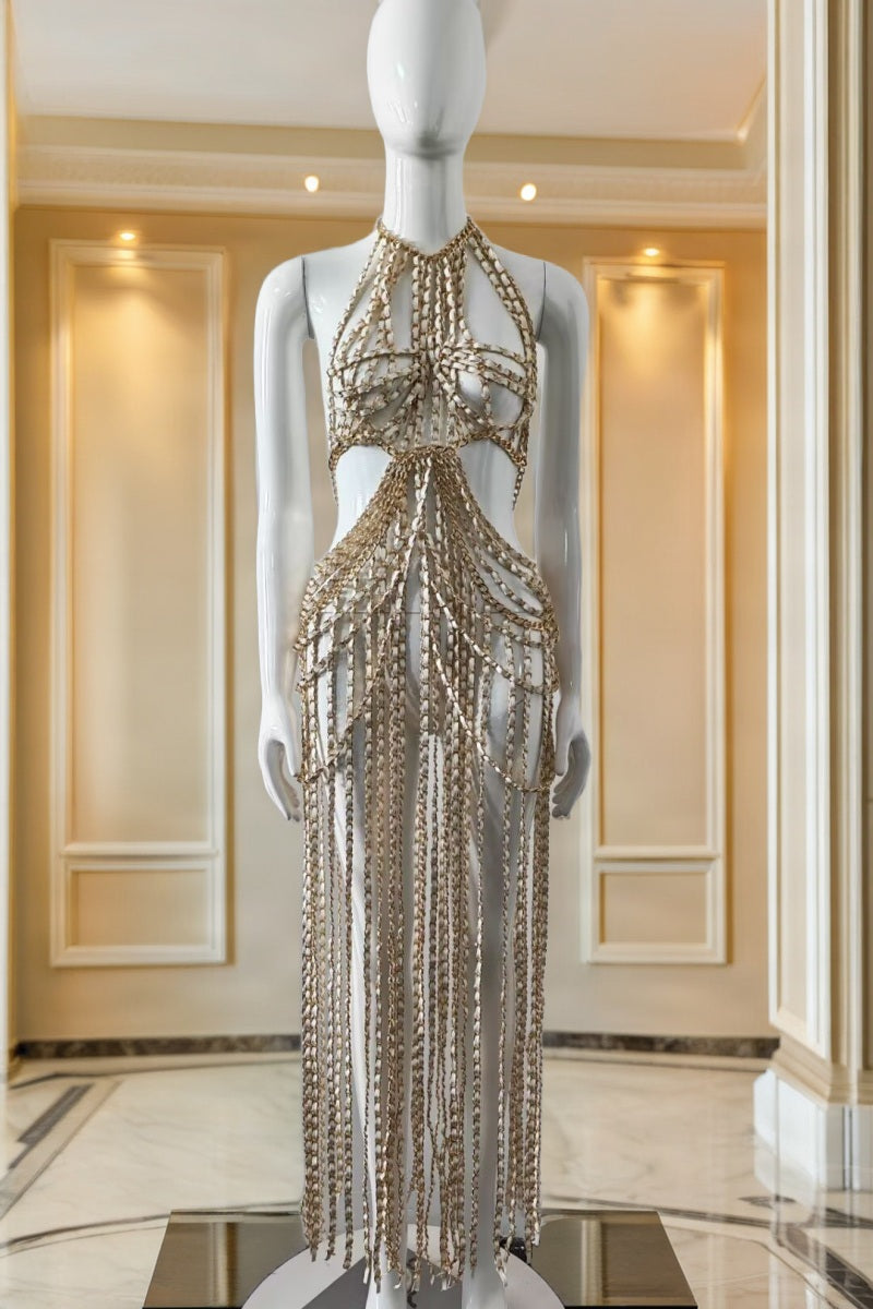 Gold Chain Fringe Halter Cut-Out Maxi Dress mannequin view · nz-bg-v1