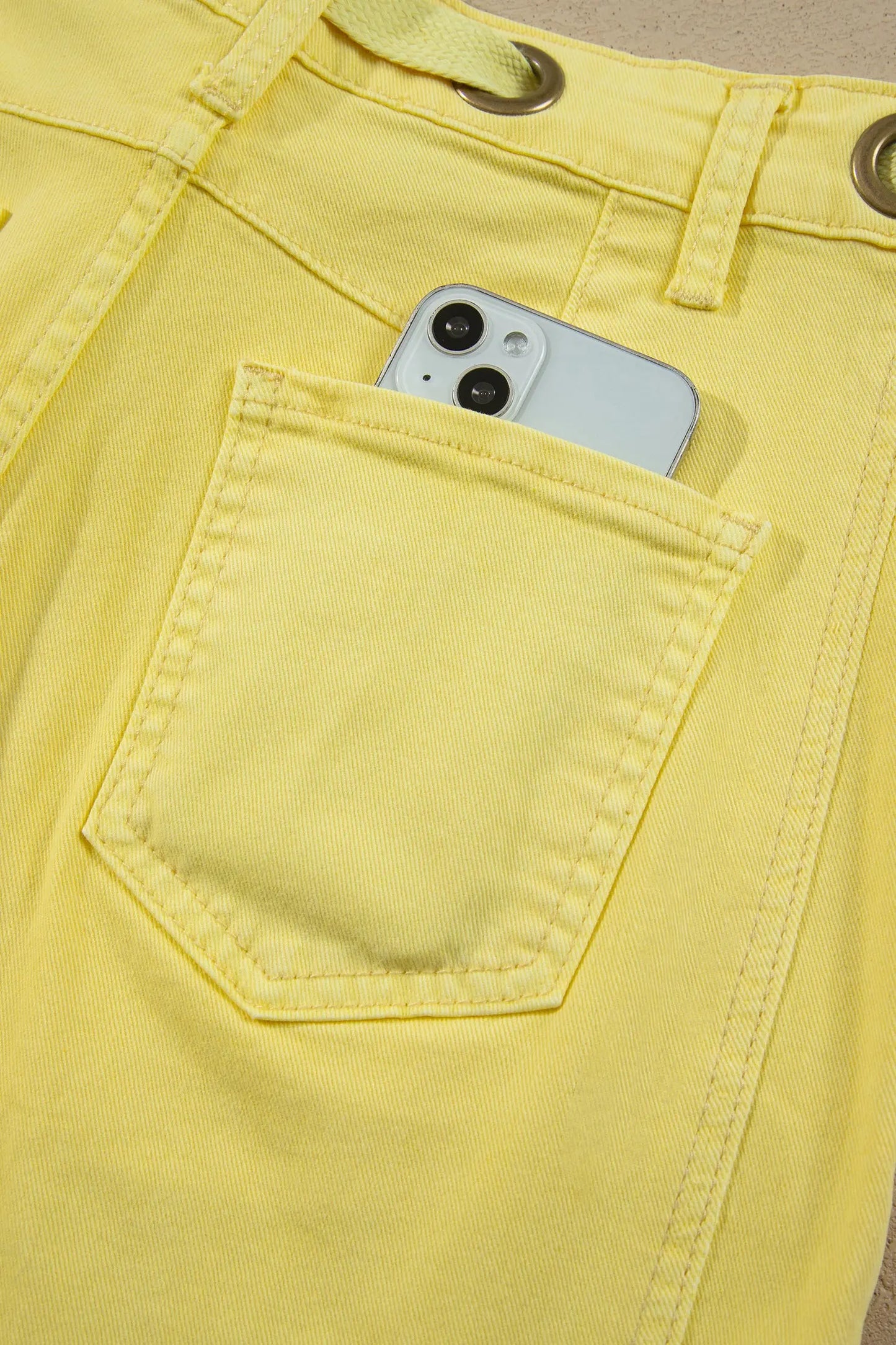 Yellow Solid Color Grommet Detail Knot Waist Barrel Jeans