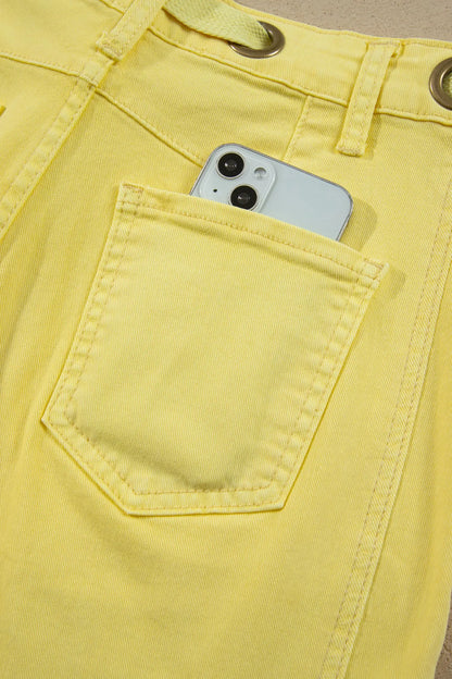 Yellow Solid Color Grommet Detail Knot Waist Barrel Jeans