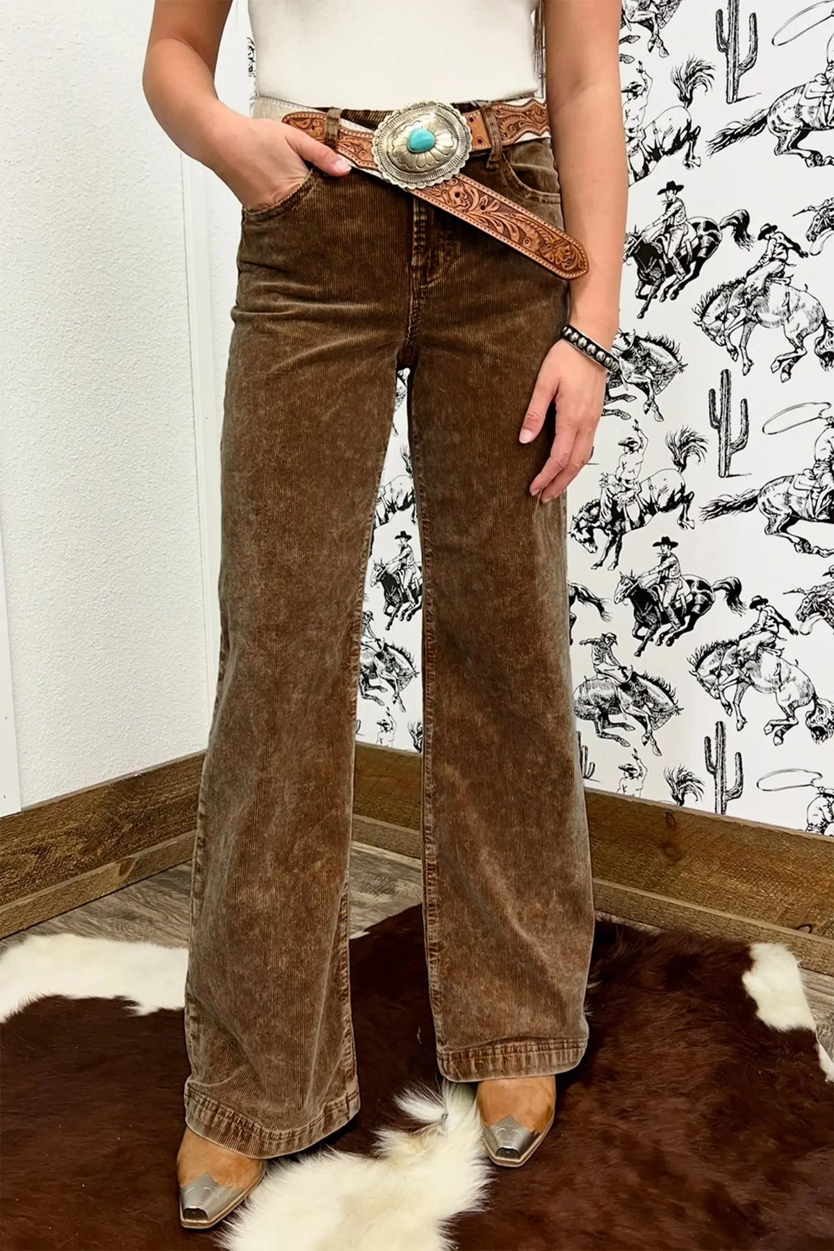Camel Straight Leg Corduroy Metal Button Zip-up Pants
