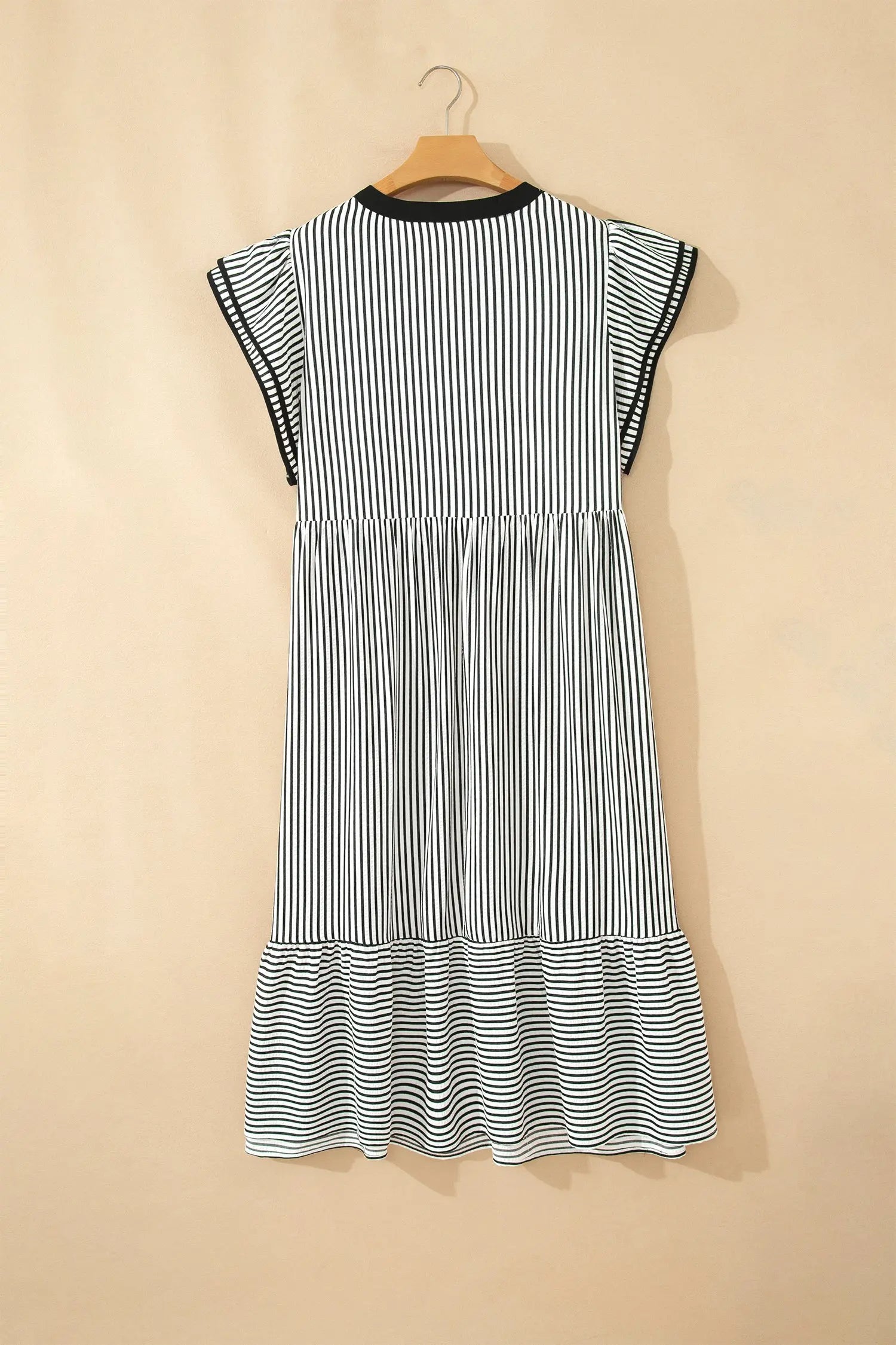 Black Stripe Plus Size Slit V Neck Tiered Flutter Sleeve Maxi Dress Nataliz