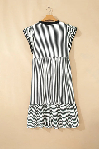 Black Stripe Plus Size Slit V Neck Tiered Flutter Sleeve Maxi Dress Nataliz