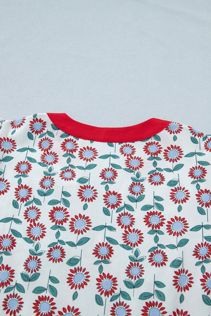 Green Sunflower Printed Contrast Trim V Neck Flutter Sleeve Blouse
