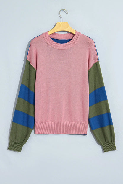 Multicolour Western Colorblock Patchwork Striped Long Sleeve Pullover Sweater