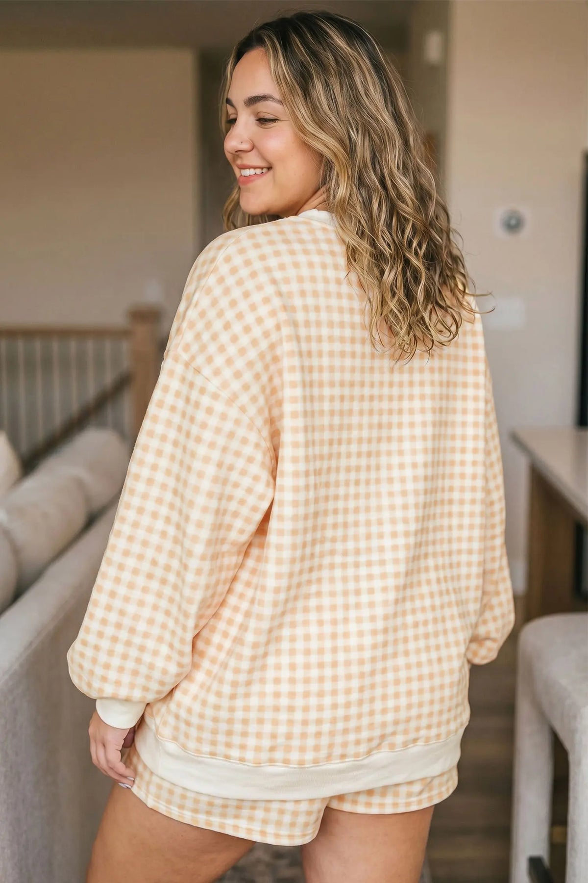 Gingham loose pullover top drawstring shorts plus size set yellow model back view · nz-alt-v1