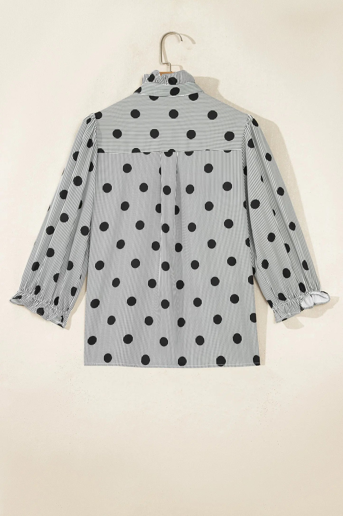 Fiery Red Polka Dot Striped Print Ruffle Stand Neck 3/4 Sleeve Shift Shirt