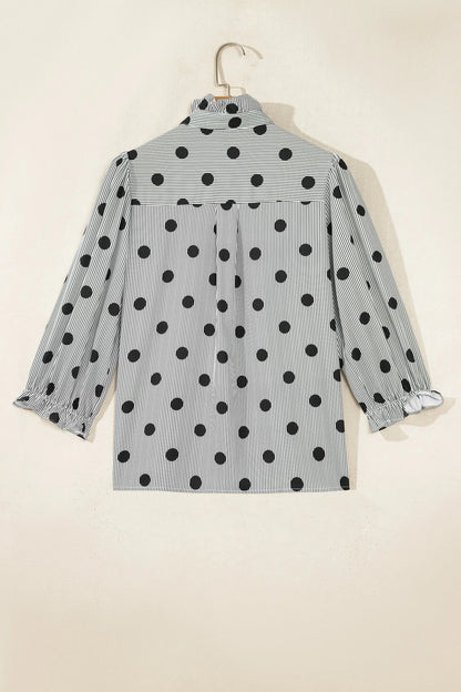 Fiery Red Polka Dot Striped Print Ruffle Stand Neck 3/4 Sleeve Shift Shirt