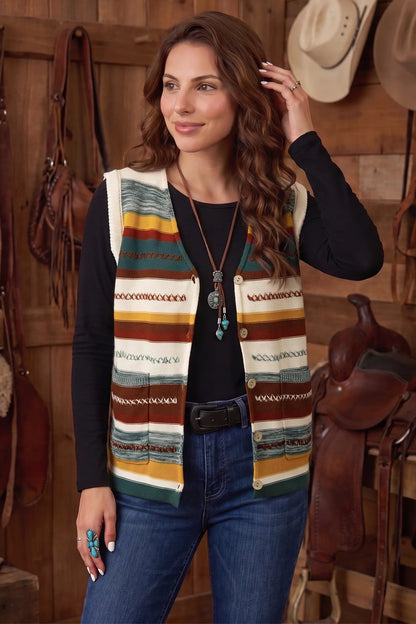 Multicolour Striped Button Front Sleeveless Knit Regular Fit Sweater Vest