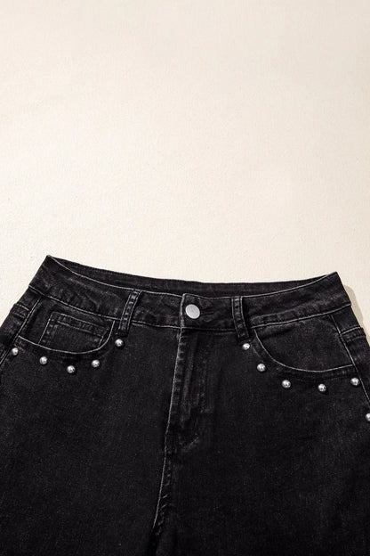 Black Studded Detail Straight Leg Casual Loose Jeans