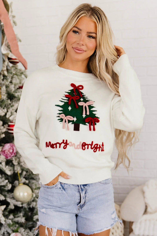 White Christmas Tree Bow Drop Shoulder Knit Sweater model front view · nz-alt-v1