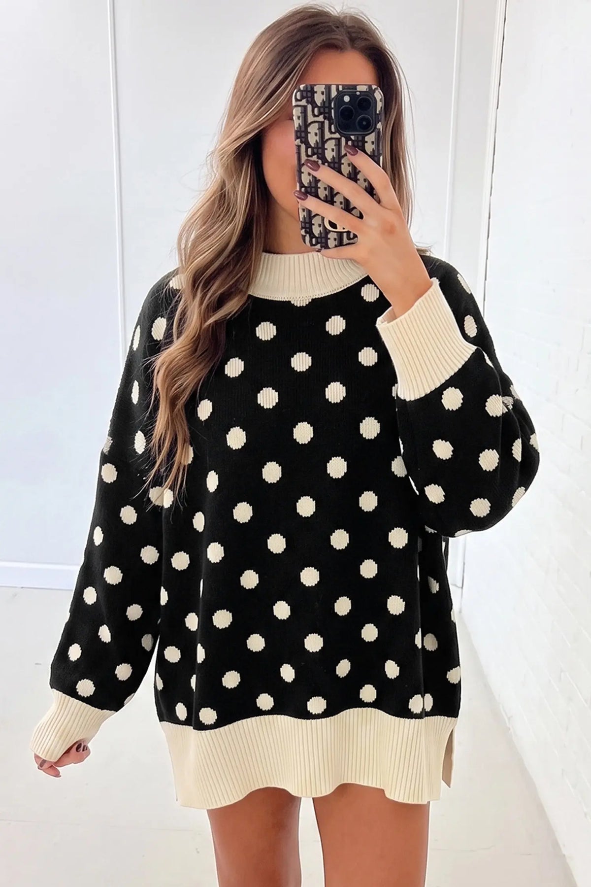 Polka Dot Pattern Ribbed Colorblock Trim Split Tunic Sweater