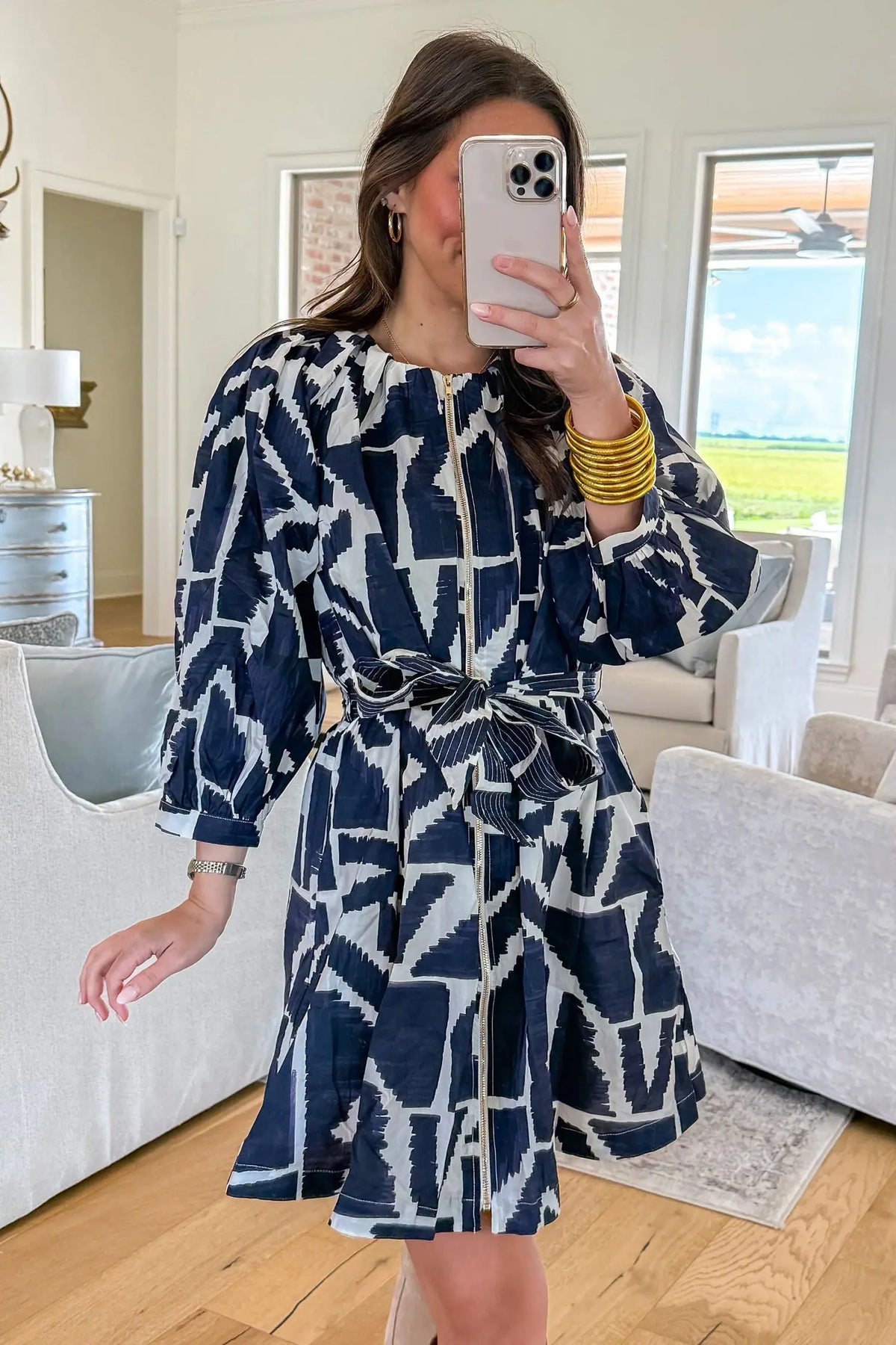 Blue Abstract Geometric Print Zip Front Tie Waist Shift Dress model front view · nz-alt-v1
