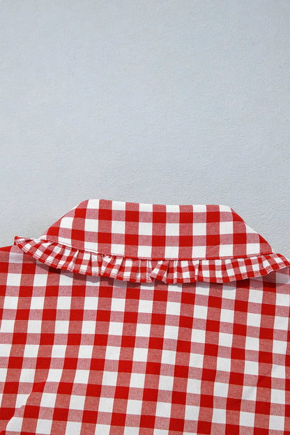 Red Plaid Long Sleeve Button Down Frill Detail Casual Shirt