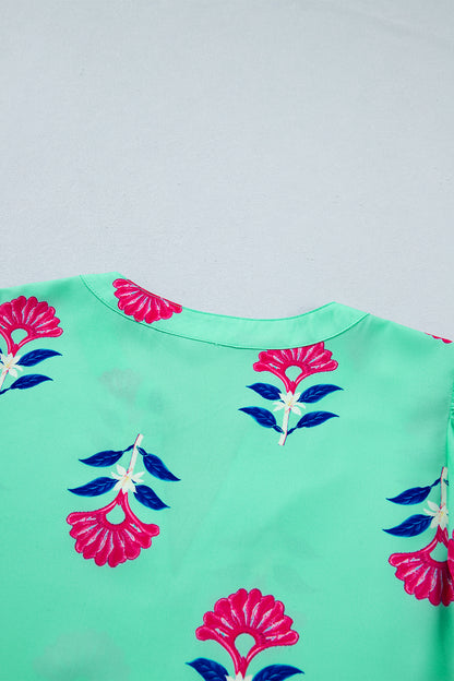 Green Floral V Neck Flutter Sleeve Blouse