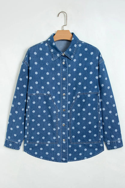 Blue Polka Dot Long Sleeve Collar Shift Tunic Denim Jacket