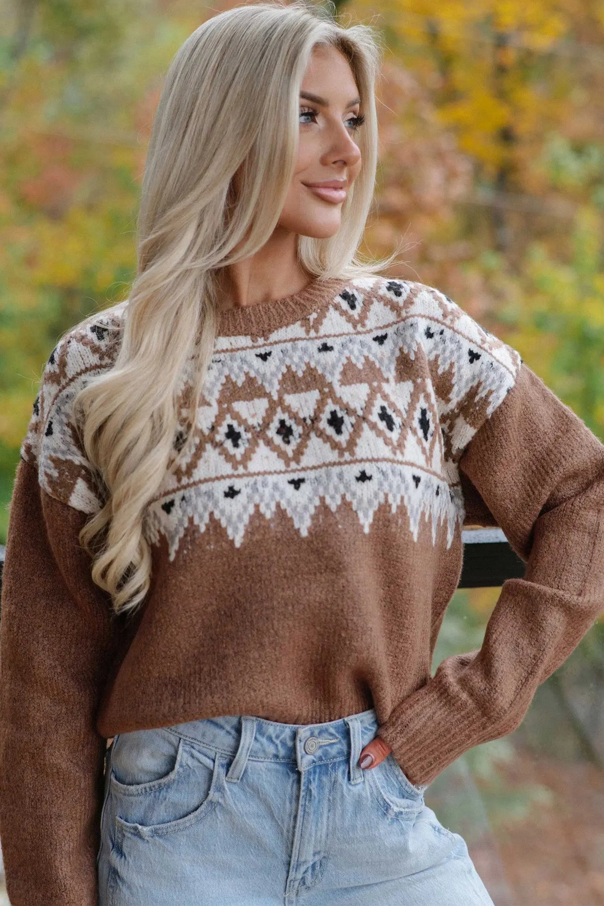 Khaki Geometric Print Drop Shoulder Casual Pullover Sweater