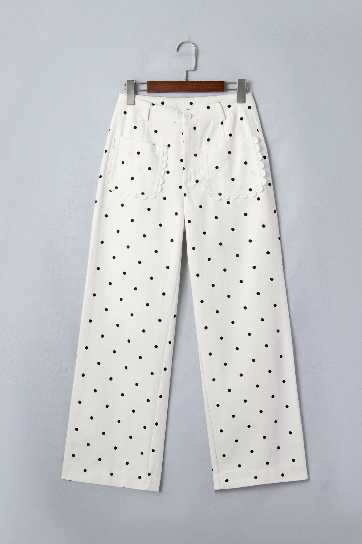 White Polka Dot Print Scalloped Patch Pocket Cotton Shift Pants