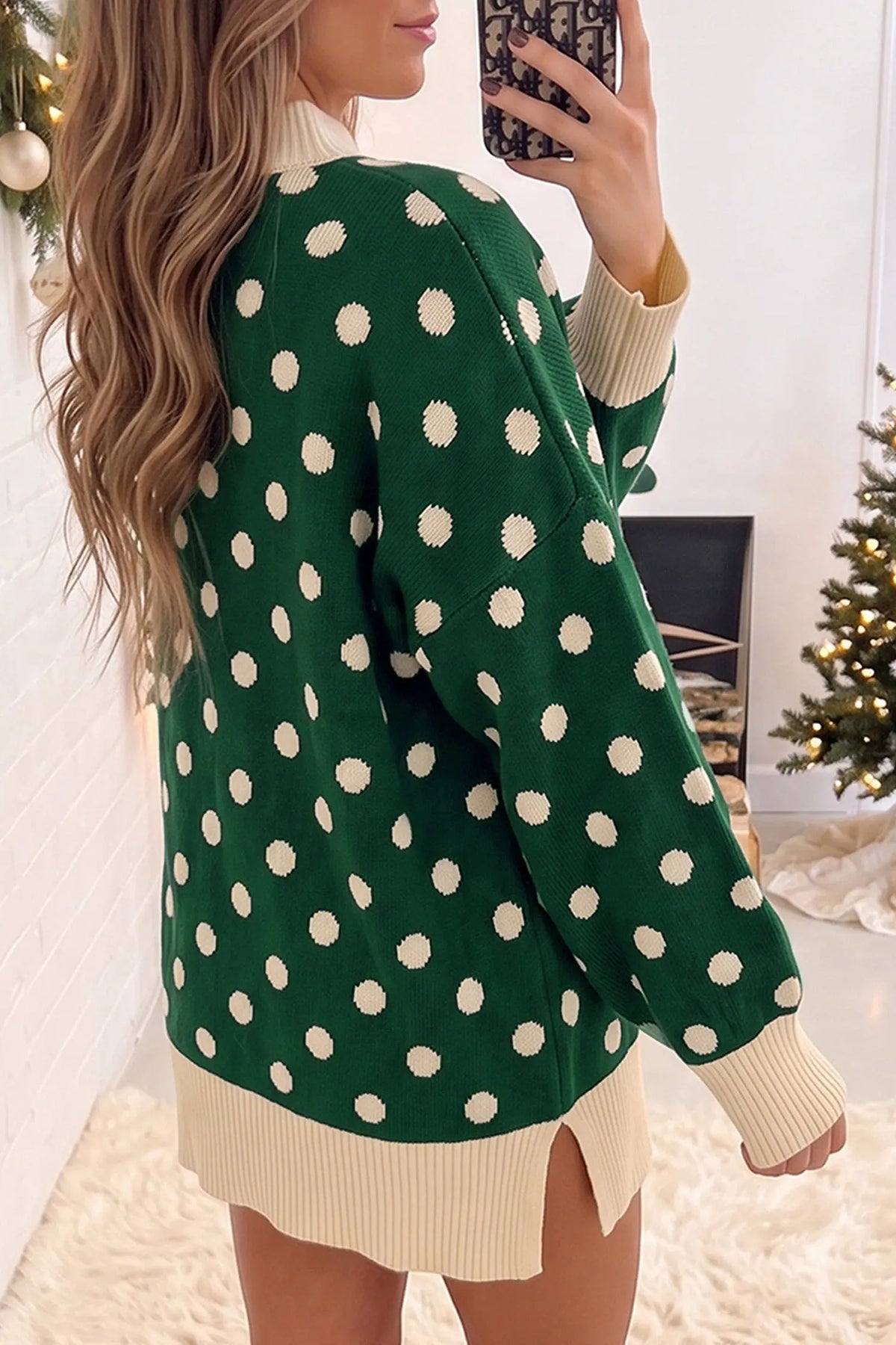 Green polka dot pattern ribbed colorblock trim split tunic sweater side view · nz-alt-v1