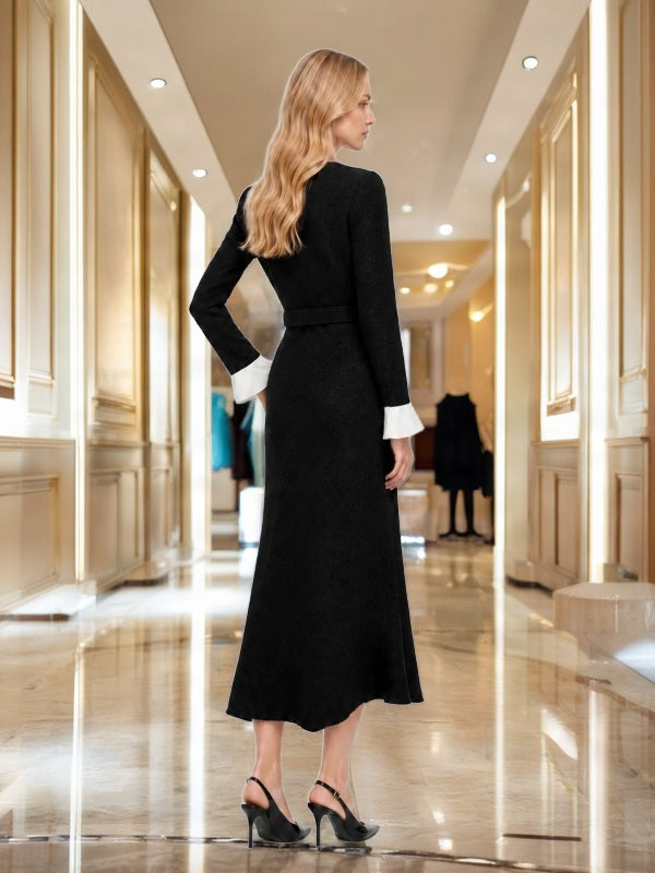 Belted Button-Front Midi Dress in Black model back view · nz-bg-v1