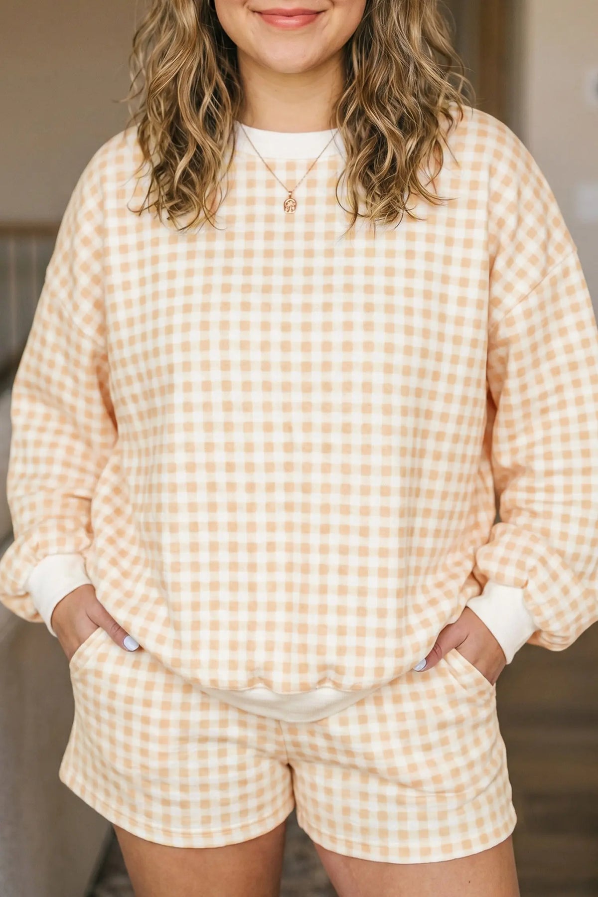 Gingham loose pullover top drawstring shorts plus size set yellow model front view · nz-alt-v1