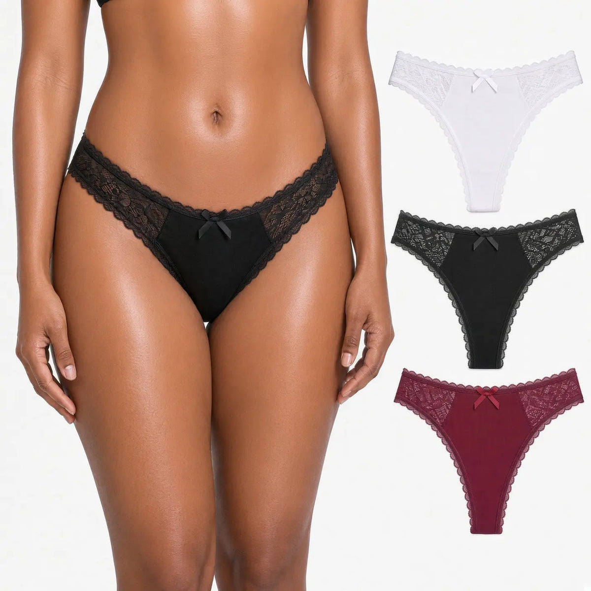 Nataliz cotton thong with lace combination hero image, model hip shot and flat lay of white, black, and burgundy colorways