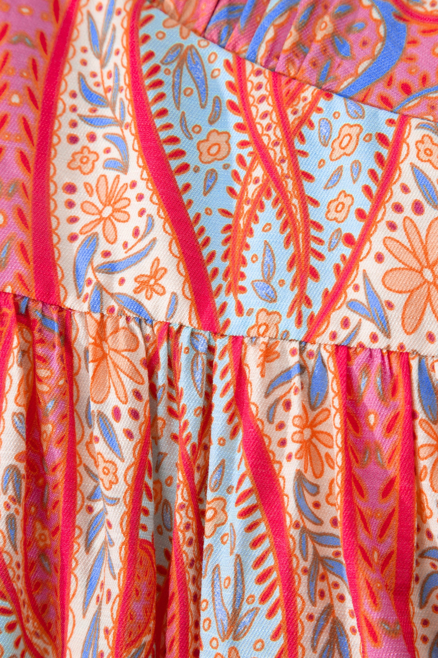 Multicolour Paisley Print V-Neck Short Sleeve Boho Maxi Dress with Ruffle Details
