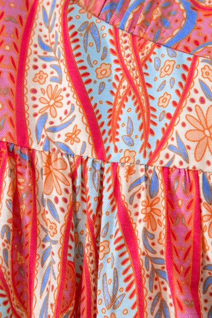 Multicolour Paisley Print V-Neck Short Sleeve Boho Maxi Dress with Ruffle Details