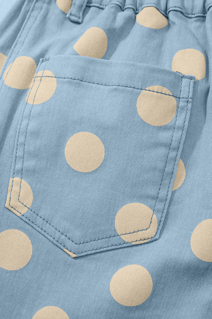 Sky Blue Polka Dot Print Bow Detail Pocketed Jeans