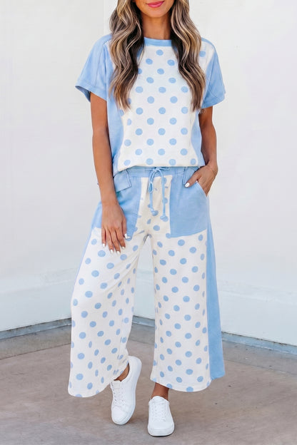 Pink Color Block Patchwork Polka Dot Wide Leg Pant Set