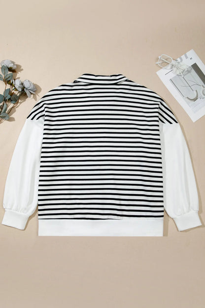 White Stripe Striped Colorblock V Neck Long Sleeve Shift Plus Size Blouse