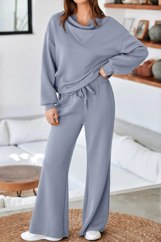 Dusk Blue solid color cowl neck drawstring pullover wide leg athleisure pants set model front view · nz-alt-v1