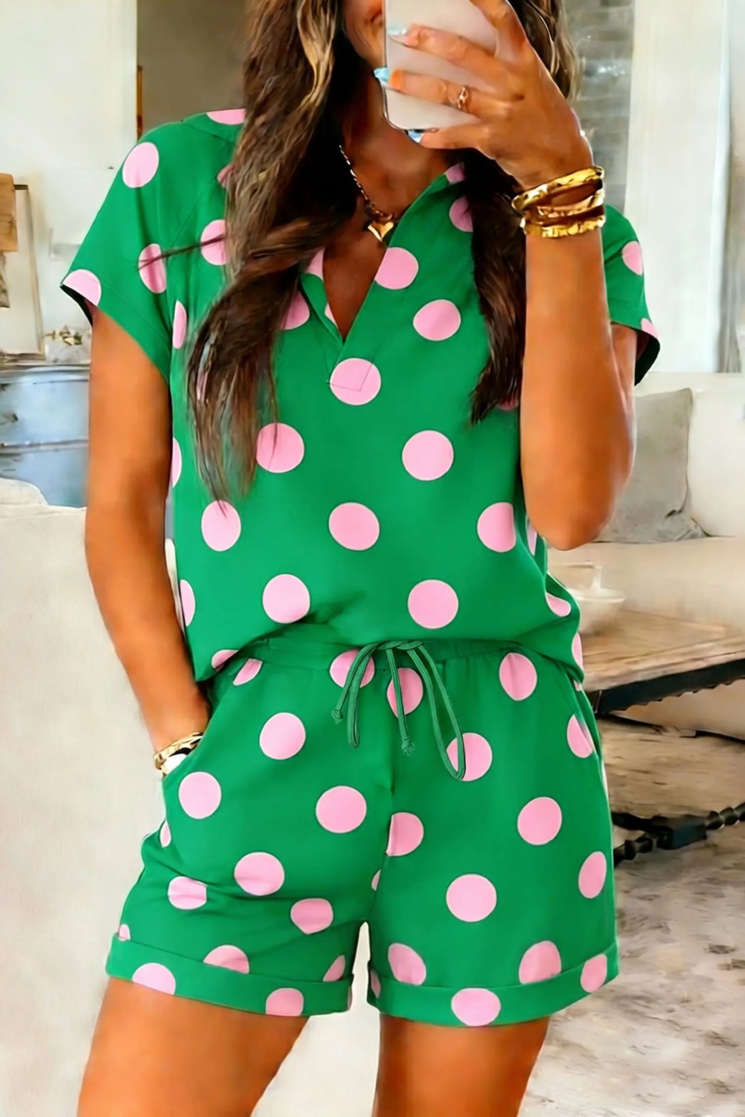 Beige Polka Dot Print V Neck Tee Short Set Nataliz