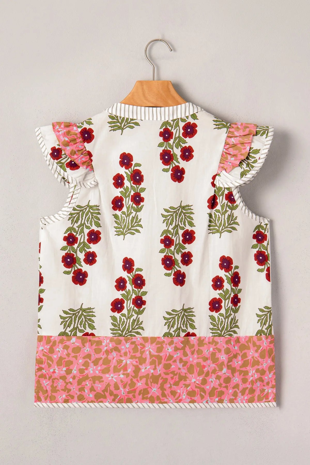 White Floral Print Contrast Striped Trim Flutter Cotton Blouse