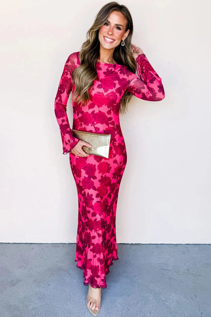 Red Floral Print Cuff Hem Serging Long Sleeve Sheath Dress