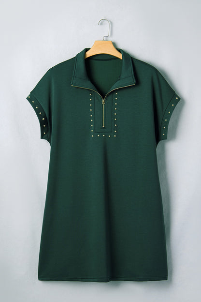 Evergreen Plus Size Glow Studded Zip up T Shirt Dress with Pockets - Casual Dresses