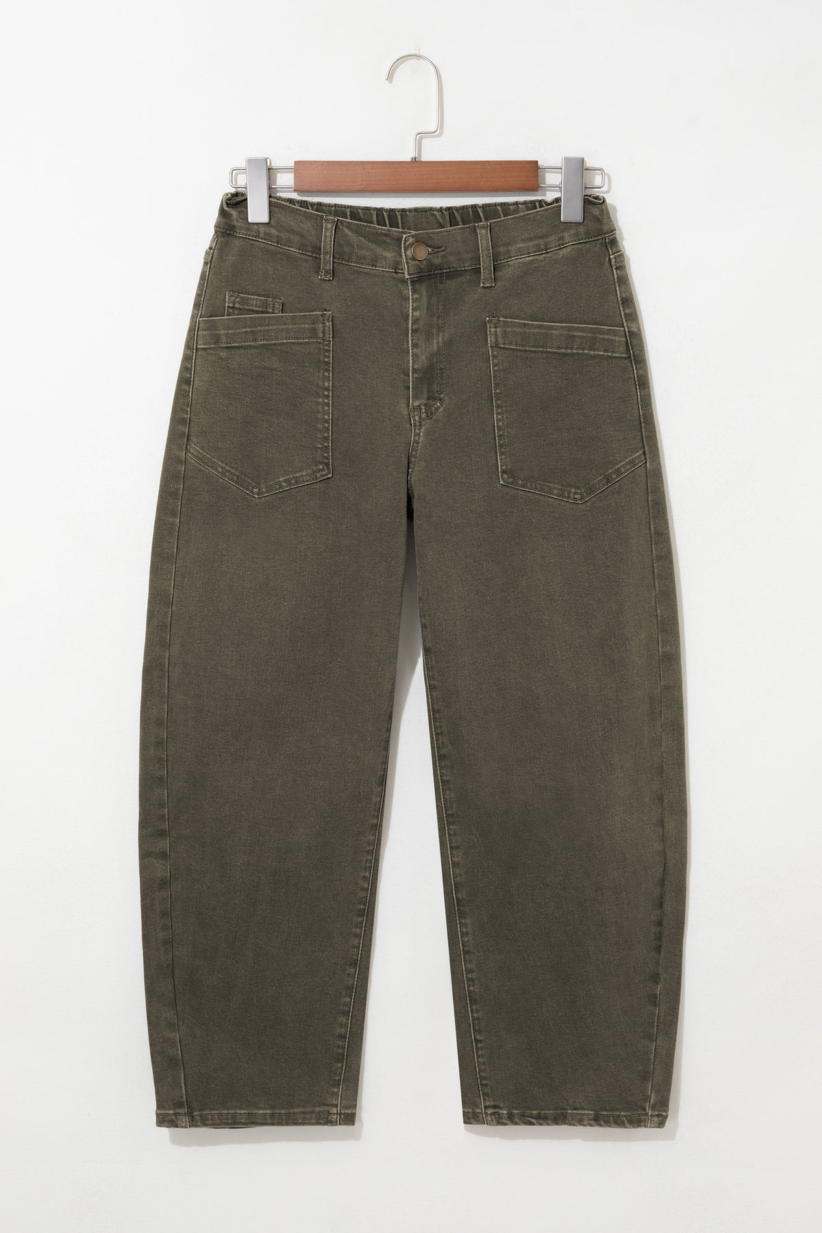 Solid Color Square Patch Pocket Ankle-length Barrel Jeans