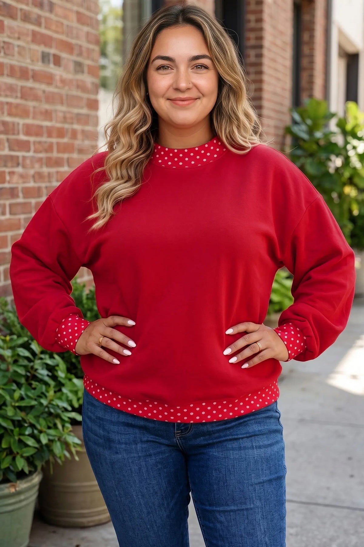 Tillandsia Purple Polka Dot Patchwork Round Neck Plus Size Sweatshirt