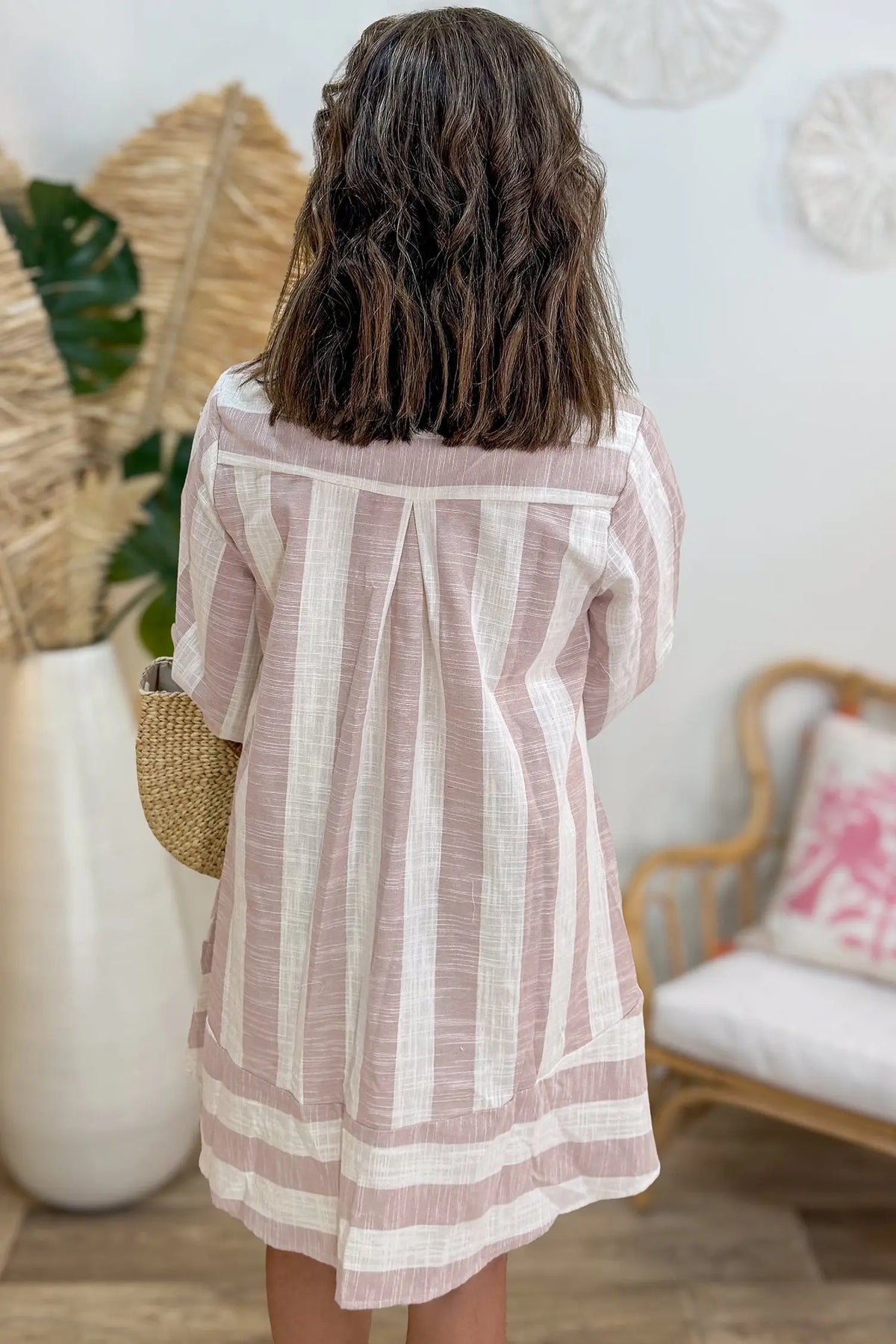 Khaki Stripe Button-Up Three-Quarter Sleeve Shift Dress model back view · nz-alt-v1