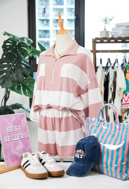 Pink Stripe Half Zip Bracelet Sleeve Top Casual Short Set