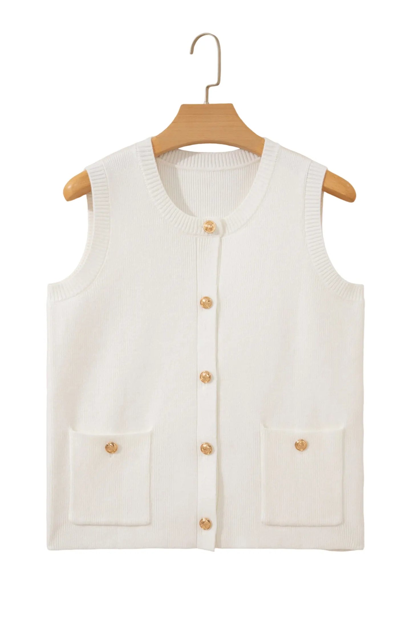 White Solid Color Sleeveless Knit Button Pocketed Sweater