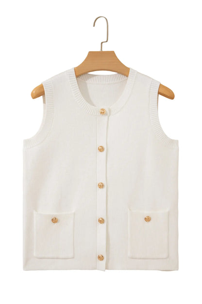 White Solid Color Sleeveless Knit Button Pocketed Sweater
